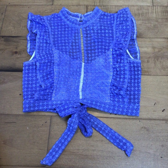 Forever 21 Lace Open Back Crop Top Blue Ruffle Sleeveless Tie Back Juniors M - Picture 7 of 8